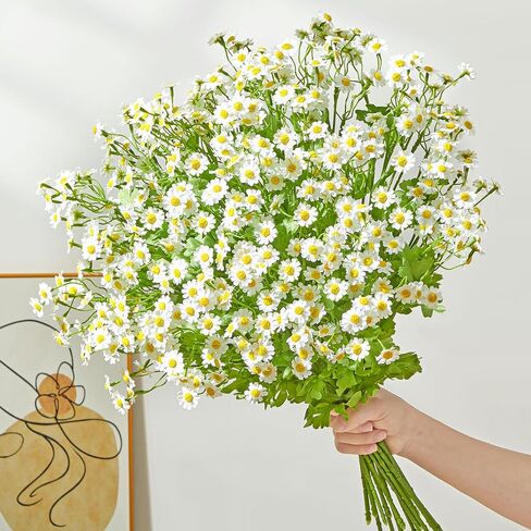 Alecono Artificial Daisy Flowers - Realistic 21 Inch 8 Pcs Long Stem Fake White Daisies with Leaves, Spring Wild Floral Arrangement for Home Decor, Wedding, Table Centerpieces, Party Decoration in Kuwait