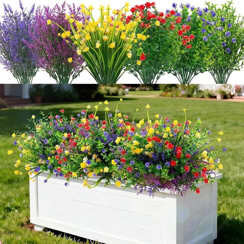 24 Bundles Artificial Flowers for Outdoors Fake Plants Spring Summer Decor, Realistic Fake Silk Flowers Colorful Morning Glory UV Resistant for Porch Outside Planter Porch Patio Yard (Purple-White) in Saudi Arabia