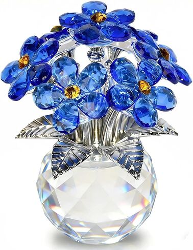 Blue Crystal Forget-Me-Not Flowers Figurine with Silver Leaves - Handcrafted Glass Bouquet in Clear Crystal Vase, Perfect Home Decor, Table Centerpiece, Women Gift for Valentine's Day, Anniversary in Saudi Arabia