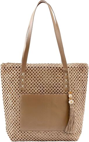 Straw Beach Tote Bag for Women - Lightweight Summer Beach Purse with PU Front Pouch for Travel Vacation Pool | Zipper Closure in Saudi Arabia