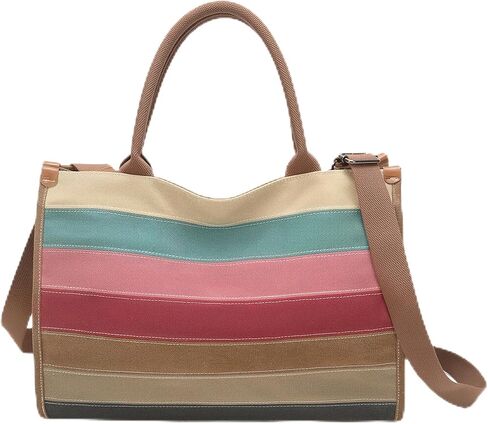 Rainbow Stripes Tote Bag for Women Light Canvas Shoulder Bag with Zipper Closure Large Capacity Purse for Work Travel in Kuwait