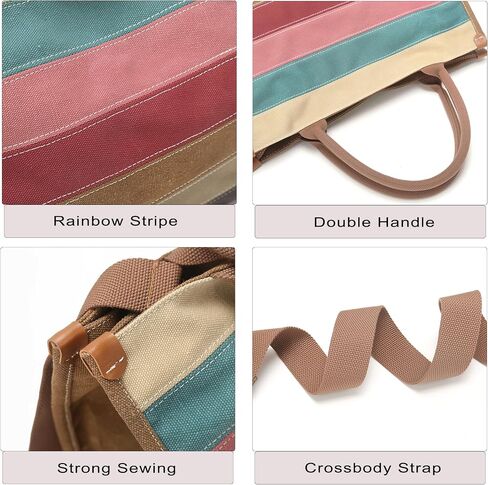 Rainbow Stripes Tote Bag for Women Light Canvas Shoulder Bag with Zipper Closure Large Capacity Purse for Work Travel in Kuwait