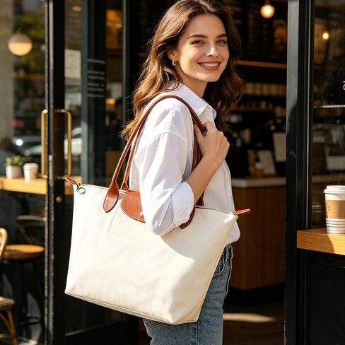 Tote Bag for Women Nylon Top-Handle Purse,Lightweight Large Capacity Shoulder Hobo HandBag with Zipper Leisure Foldable (Paper White, Large) in Saudi Arabia