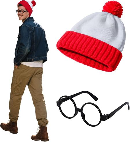 2 Pcs Red and White Striped Hat Halloween Hats with Pompoms for Men Women Glasses Nerd Cosplay Costume Party Props in Saudi Arabia