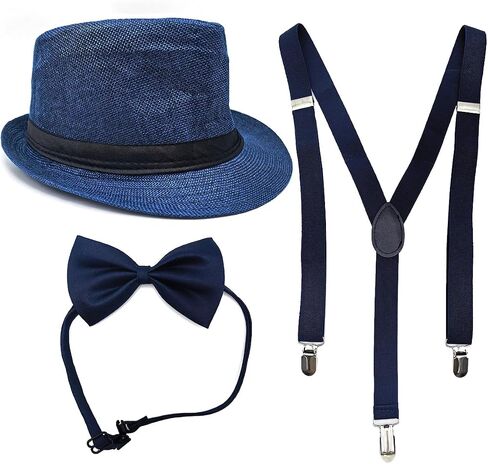 3 Packs 1920s Mens Costume Accessories Gangster Fedora Hat Bow Tie Y-Back Suspenders for Halloween Christmas Carnival Party, Blue in Saudi Arabia