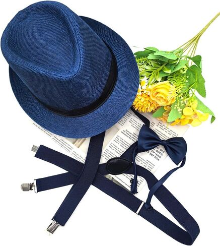 3 Packs 1920s Mens Costume Accessories Gangster Fedora Hat Bow Tie Y-Back Suspenders for Halloween Christmas Carnival Party, Blue in Saudi Arabia