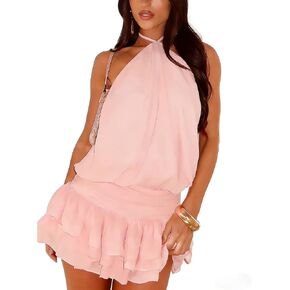 Womens Y2K Halter Mini Ruffle Dress Sleeveless Drop Waist Tiered Chiffon Flowy Boho Casual Summer Going Out Sundress in Saudi Arabia