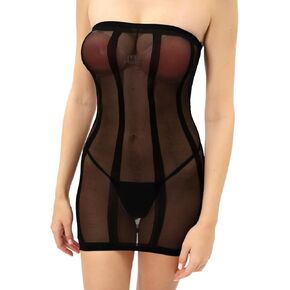 BIGFOX Sheer Strapless Mini Dress for Women See Through Stretchy Mesh Lingerie Teddy Striped Tube Bodysuit Chemise Sleepwear Onesie Nightwear Black in Saudi Arabia