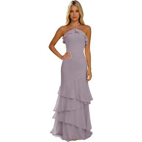 Tiered Ruffle Bridesmaid Dresses Chiffon Halter Mermaid Long Formal Dress for Women in Saudi Arabia