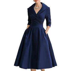 SHINFY Women Casual Wrap Dress Lapel V-Neck Satin A Line 3/4 Sleeve Elegant Formal Midi Dresses with Pockets in Saudi Arabia