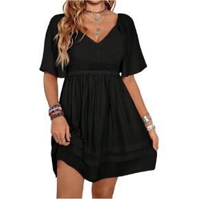 BEAUDRM Women's Hollow Out Short Dress Summer Ruffle V Neck Short Sleeve A Line Flowy Western Cowgirl Dresses in Saudi Arabia