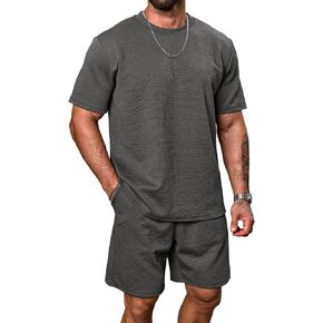 Mens 2 Piece Sets Loose Fit Textured Heavyweight Tshirt & Drawstring 7'' Shorts Casual Summer Outfits (S-XXL) in Saudi Arabia