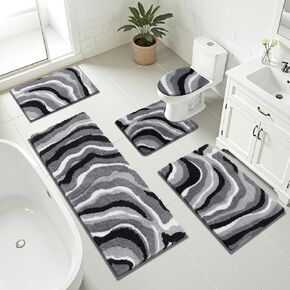 Bathroom Rug Set 5 Piece, Soft Non Slip Microfiber Bath Mat, Machine Wash Bathroom Mat Set, Water Absorbent Bath Mats with Toilet Cover, Bath Runner and U-Shaped Contour Toilet Rug, Light Grey) in Kuwait