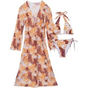 Yknktstc Women 3 Piece Tropical Halter Triangle Swimsuit Beach Bathing Suit | tropical print triangle padded bikini top, tie side thong bottom, long sleeve flowy sheer cover up, for pool beach vacation in Saudi Arabia