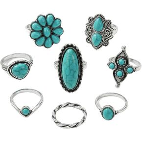 8 Pcs Western Rings for Women,Turquoise Jewelry Set Boho Chunky Knuckle Ring Bohemian Ring Set,Vintage Silver Tone Stackable Midi Rings,Retro Cowgirl Gifts Accessories for Women Festival Jewelry in Saudi Arabia