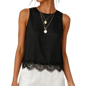 Womens Lace Hem Linen Tank Top Round Neck Sleeveless Solid Color Relaxed Fit Blouses Summer Casual Tops in Saudi Arabia