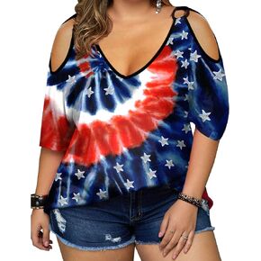 MNLYBABY Plus Size American Flag Shirt Women 4th of July Tee Shirt USA Stars Stripes T-Shirt Patriotic Cold Shoulder Tops in Kuwait