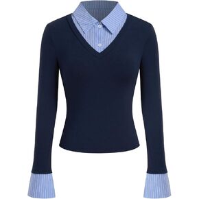 CIDER Womens Tops Long Sleeve Slim Fit Collared Knit Shirt Two Tone Striped Collar Business Casual Top in Kuwait