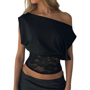 One Shoulder Tops for Women Black Top with Lace Hem Sleeveless Sexy Outfits in Saudi Arabia