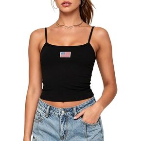 Women 4th of July Cami Top Fitted Spaghetti Strap Backless Tank Tops American Flag Star Camisole Patriotic Outfits in Saudi Arabia