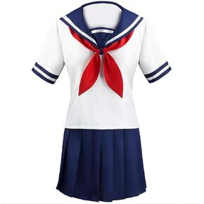 Japanese Sailor Uniform Cosplay Costume, White Top Red Scarf Blue Pleated Skirt Set Women in Saudi Arabia