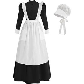 NSPSTT Pioneer Dress Women Prairie Colonial Costume with Apron Victorian Maid Outfit Black in Saudi Arabia