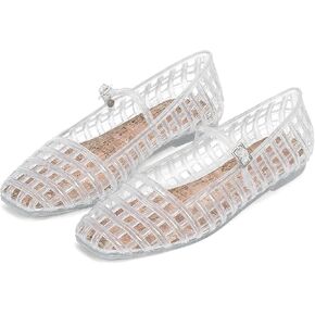 Jelly Mesh Ballet Flats for Women Hollow Square Toe Jelly Sandals Beach Ballerina Flats Summer Cute Mary Jane Shoes in Saudi Arabia