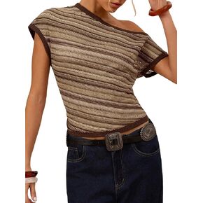 Pinclodly Off the Shoulder Tops for Women Short Sleeve Striped Shirt Slim Fit Hollow Out Crop Tops Summer Y2K Crochet Top in Saudi Arabia