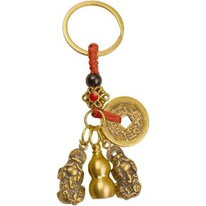 Feng Shui Brass Keychain with Lucky Coins, Wu Lou Amulet, Backpack Charm for Wealth in Saudi Arabia