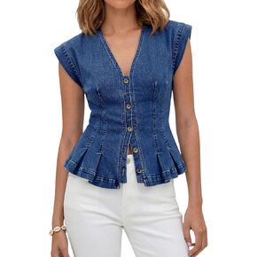 Womens Denim Vest Top Trendy Cap Sleeve Button Down Jean Tank Tops Summer Y2k Pleated Western Denim Crop Waistcoat in Saudi Arabia