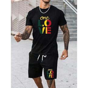 Men's Rasta Color Letter Print 2-Piece Outfit, Short Sleeve T-Shirt and Shorts Casual Sport Summer Set (Black,Large) in Kuwait