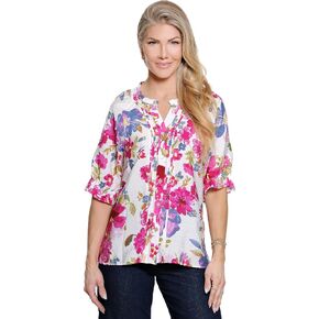 Ali Miles Women's Clothing | Woven Button Front Blouse Pleat Details Elbow Sleeve in Kuwait