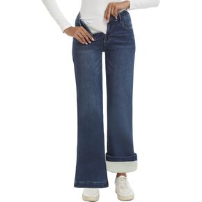 Fleece Lined Jeans Women High Waisted Stretchy Warm Winter Thermal Pants Thick Bell Bottom Wide Leg Jeans Woman in Kuwait