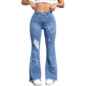 Women's High-Waist Stretch Flare Jeans with Heart-Shaped Distressed Details, Frayed Hem, Y2k Casual Style in Saudi Arabia
