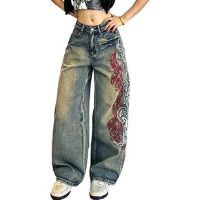 Women's Baggy Jeans High Waisted Wide Leg Graphic Print Vintage Y2k Hip Pop Barrel Denim Pants in Kuwait