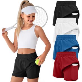 Halfchet 4 Pack Girl's 2 in 1 Shorts Athletic Quick Dry Active Elastic Running Soccer Training Sports Casual with Pocket in Saudi Arabia