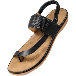 Aomigoct Comfort Womens Flat Sandals: Black 9 Breathable Insoles & Non-Slip TPR Sole for Everyday Walks - Elastic Ankle Strap & Weaving Design for Casual Outings - Active Women in Saudi Arabia