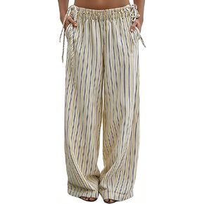 Women Drawstring Striped Wide Leg Pants Summer Causal Barrel Loose Elastic Low Waist Palazzo Harem Pants Trousers Yellow White in Saudi Arabia