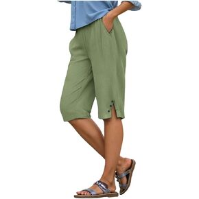 Capri Pants for Women Linen Shorts Elastic Cotton Crop Pants Casual Summer Pants with Pockets in Saudi Arabia