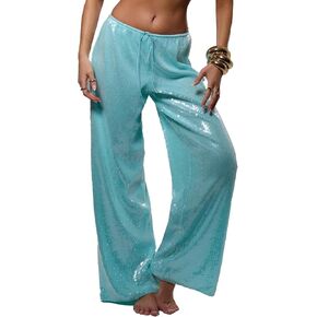 Women's Sequin Wide Leg Pants Sparkly Bling Drawstring Elastic Waist Loose Fit Disco Party Night Out Club Wear in Saudi Arabia