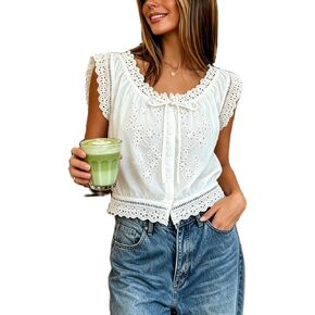 Tie Front Crop Tank Tops for Women Y2K Sleeveless Floral Camisole Lace Trim Sheer Vest Top Vintage Aesthetic Teens in Saudi Arabia