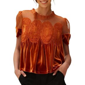 hathne Velvet Lace Blouse for Women Elegant Casual Crew Neck Short Sleeve Top Loose Fit Flared Swing Shirt in Saudi Arabia