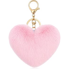 Pom Pom Keychain, Pink Plush Keychain Pink Heart Keychains Soft Artificial Rabbit Fur Fluffy Heart Keychains for Car Bags Handbags Tote Bag Pendant Purse Charms for Women in Saudi Arabia