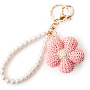 Crochet Bag Charm, Handmade Flower Keychain with Faux Pearl Chain, Boho Y2K Backpack Charm Gift for Girls & Women in Kuwait