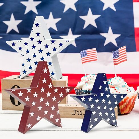 3 Pcs 4th of July Wooden Star Signs Decorations Celebrating 250 Years, Rustic Star Shape Tiered Tray, Memorial Day Decorations in Saudi Arabia