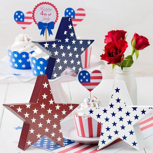 3 Pcs 4th of July Wooden Star Signs Decorations Celebrating 250 Years, Rustic Star Shape Tiered Tray, Memorial Day Decorations in Saudi Arabia