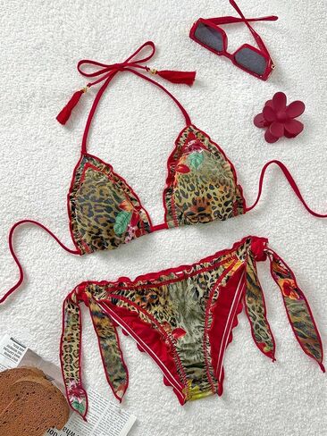 BYFINECANY Women's Leopard Print Fringe Trim Bathing Suit Halter Ruffle Summer Swimsuit Bikinis Set in Saudi Arabia