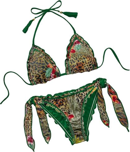 BYFINECANY Women's Leopard Print Fringe Trim Bathing Suit Halter Ruffle Summer Swimsuit Bikinis Set in Saudi Arabia