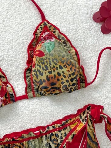 BYFINECANY Women's Leopard Print Fringe Trim Bathing Suit Halter Ruffle Summer Swimsuit Bikinis Set in Saudi Arabia