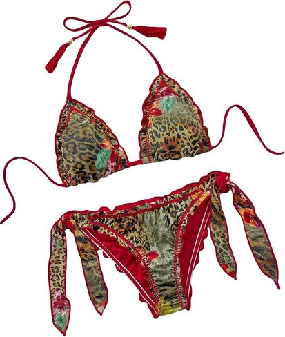 BYFINECANY Women's Leopard Print Fringe Trim Bathing Suit Halter Ruffle Summer Swimsuit Bikinis Set in Saudi Arabia
